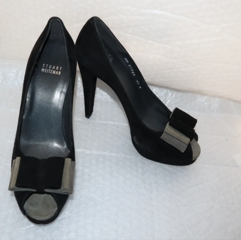 Stuart Weitzman Black and‎ Gray Peep Toe Bow Accents Black